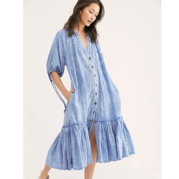 Free People Dresses & Skirts - FREE PEOPLE Maya Blue Button Front Midi Shirt Dress Size S